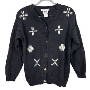 Vintage Leslie Fay Women's Black Cardigan Sweater M Christmas Applique